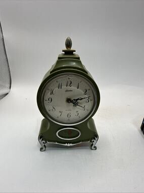 Vintage Linden Japan Wind Up Alarm Clock Green Floral Ornate Mantel 5” Parts *